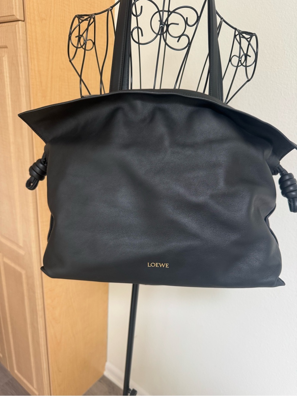 Loewe Black Leather Flamenca clutch medium with Knotted Side Detail